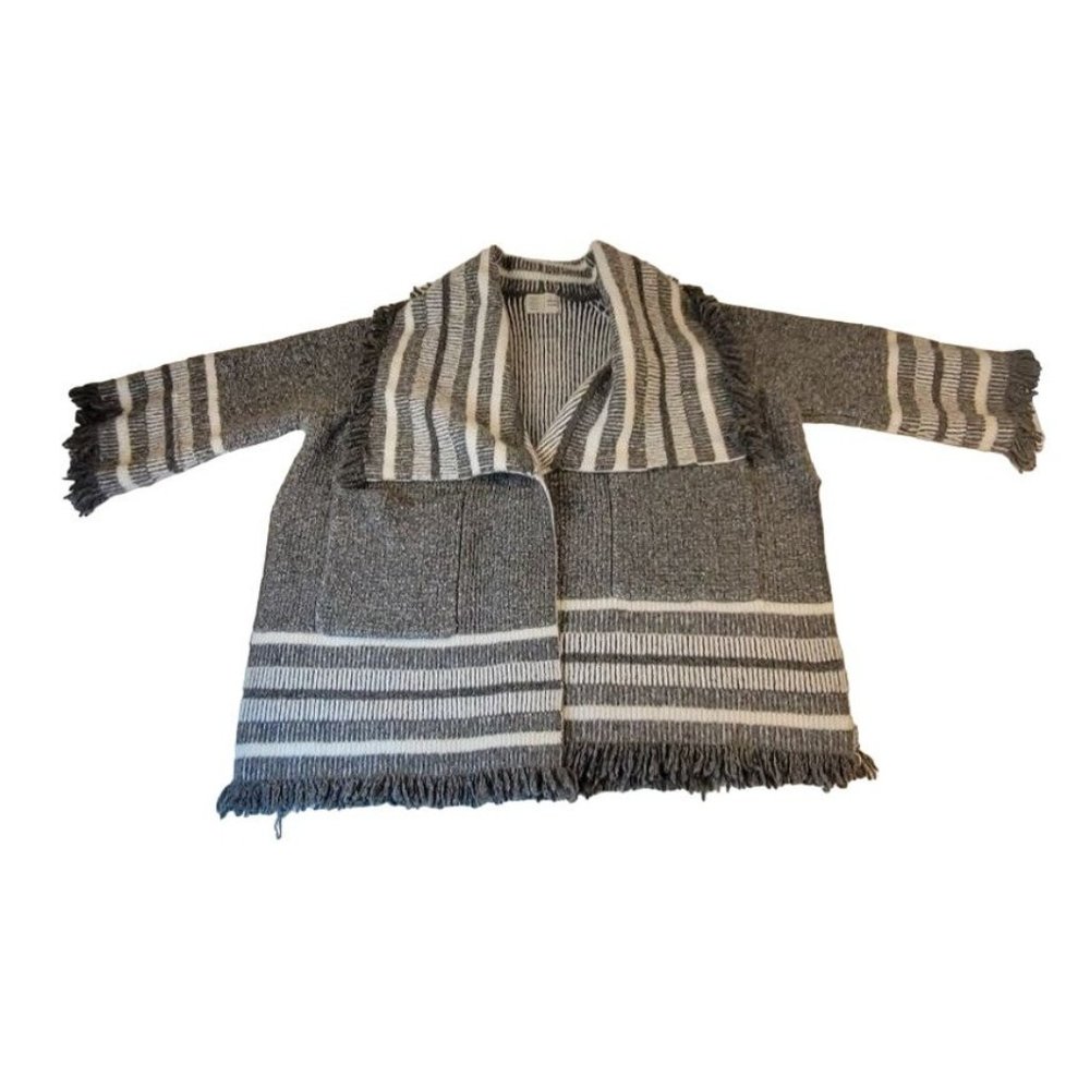 Anthropologie Saturday Sunday Fringe Kimono Boho Cardigan Grey  and White  Size